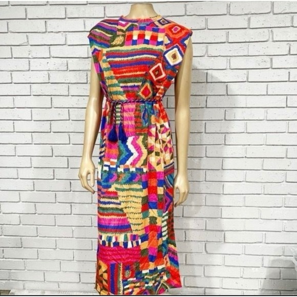 FARM Rio Dresses & Skirts - Farm Rio Patchwork Print Sleeveless Midi Dress Multi-Color Braided Tassel Belt